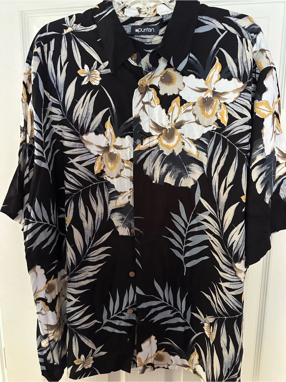 Puritan Black Cream and Gold Tropical Print Shirt
